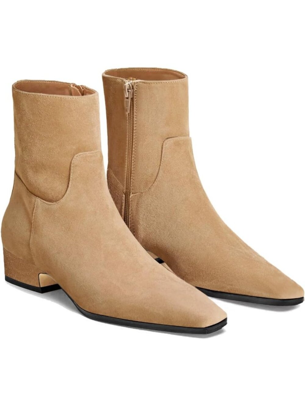 Women's Camel Square Pointed Toe Chunky Heel Side Zipper Low Heel Ankle Boots